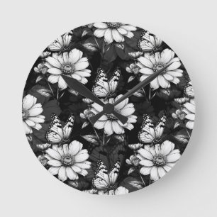 Horloge Ronde Papillon sur Motif à fleurs - Noir