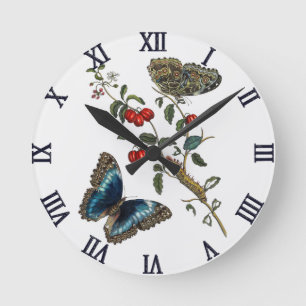 Horloge Ronde Papillons bleus vintage et fruits rouges