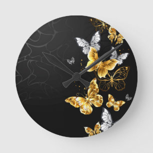 Horloge Ronde Papillons d'or et de blanc