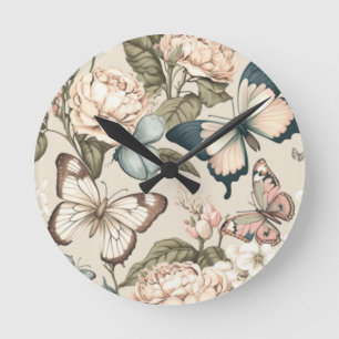 Horloge Ronde Papillons et fleurs pastel