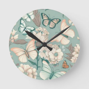 Horloge Ronde Papillons et fleurs vert clair déco