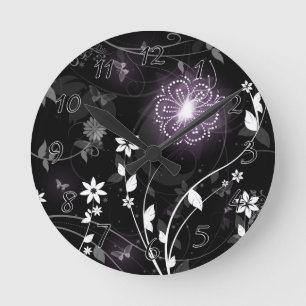 Horloge Ronde Papillons et fleurs violets illuminés
