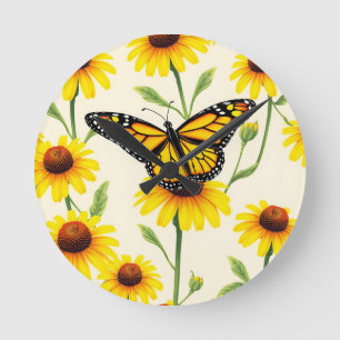 Horloge Ronde Papillons Monarques Motif Jaunes Marguerites