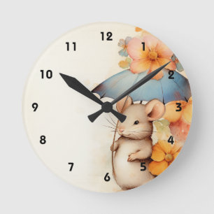 Horloge Ronde Parapluie bleu souris orange et fleurs bleues