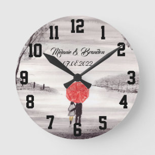 Horloge Ronde Parapluie rouge Amour couple rustique romantique M