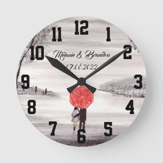 Horloge Ronde Parapluie rouge Amour couple rustique romantique M (Recto)