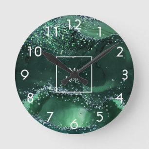 Horloge Ronde Parties scintillant en marbre vert agate