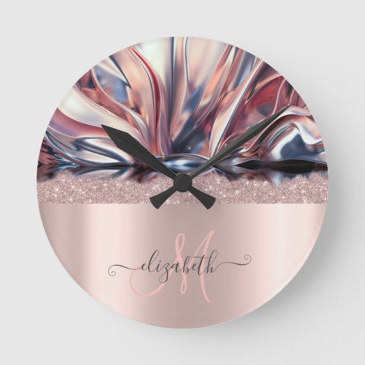 Horloge Ronde Parties scintillant moderne Rose or Monogramme Abs (Recto)