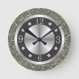 Horloge Ronde Parties scintillant Noire Et Argent  