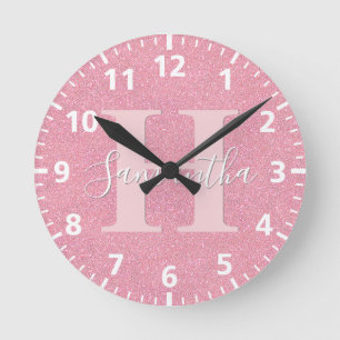 Horloge Ronde Parties scintillant rose rose or nom monogramme