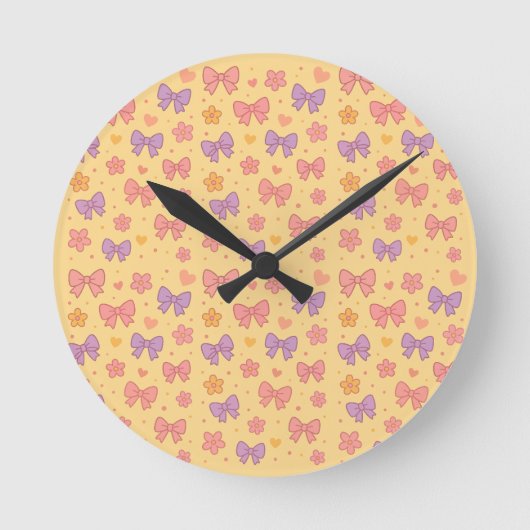 Horloge Ronde Pastel Bows & Flowers Pattern – Cute Yellow Girly  (Recto)