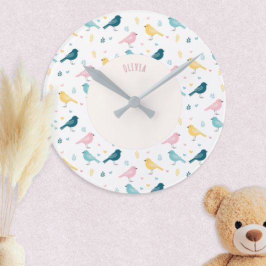 Horloge Ronde Pastel Scandi Birds Pattern Custom Name Nursery