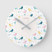 Horloge Ronde Pastel Scandi Birds Pattern Custom Name Nursery (Recto)