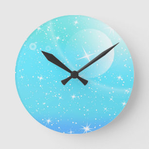 Horloge Ronde Pastel Starry Sky Blue Gradient Moon Galaxy Design