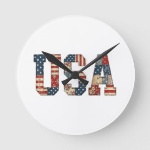 Horloge Ronde Patchwork USA Patriotique Américain Vintage Courte