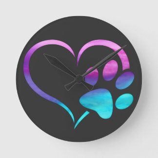 Horloge Ronde Patte de chien cœur impression cyan violet 