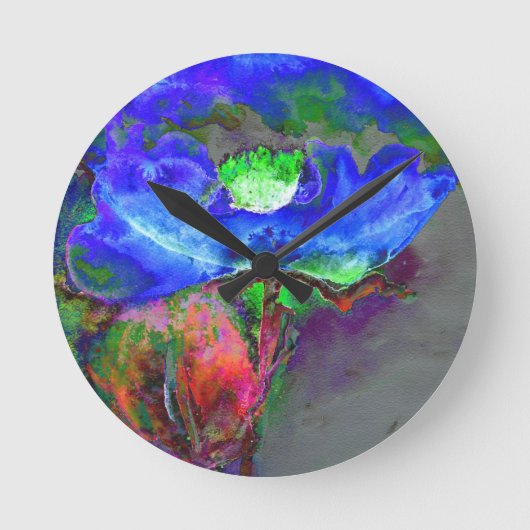Horloge Ronde pavot bleu floral Abstrait (Recto)