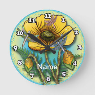 Horloge Ronde Pavot jaune libellule