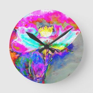 Horloge Ronde Pavot rose, aquarelle peinture florale