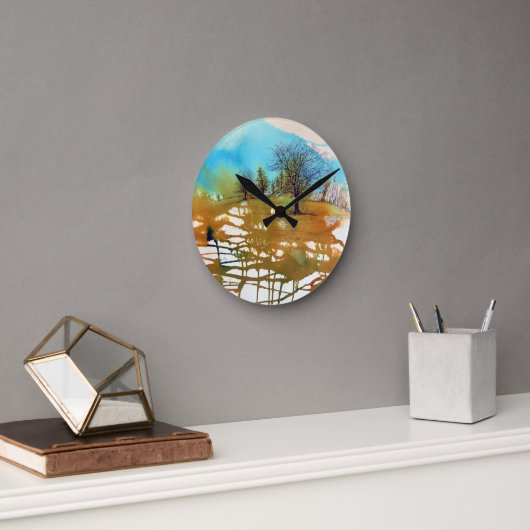 Horloge Ronde Paysage Art Arbres Peinture Abstraite (Bureau)