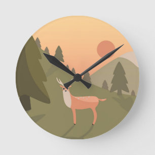 Horloge Ronde Paysage Cerf Montagne Nature Sauvage Parc Coucher 