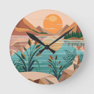 Horloge Ronde Paysage de coucher de soleil au lac de montagne pa