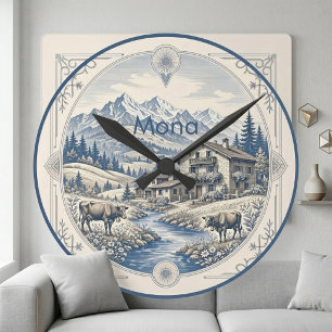 Horloge Ronde Paysage de montagne bleue alpine enneigé Chalet ru