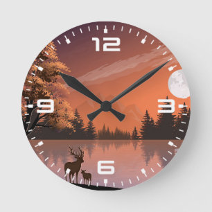 Horloge Ronde Paysage du lever du soleil avec lac et Deers-51207