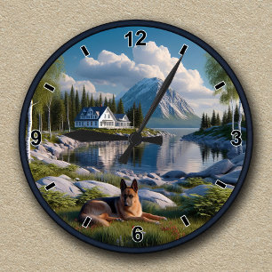 Horloge Ronde Paysage lacustre personnalisable avec Berger allem