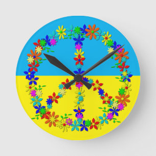 Horloge Ronde Peace sign with flowers,Ukrainian flag wat