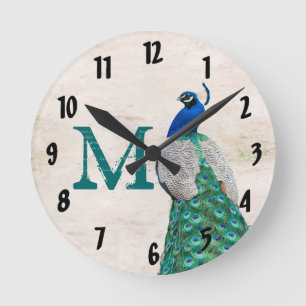 Horloge Ronde Peacock Bird Feather Monogram Initial Wall Clock
