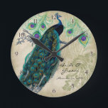 Horloge Ronde Peacock et Etching Personalized Wedding<br><div class="desc">Conçue pour s'adapter à la suite de faire-part de mariage du même nom, cette mariage ou horloge d'anniversaire élégante et sophistiquée est un design moderne mais vintage. Parfait pour une douche nuptiale ou un cadeau mariage ! Le mélange d'éléments d'art Vintage et d'aquarelles contemporaines peintes à la main par Audrey...</div>
