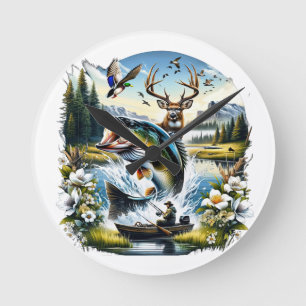 Horloge Ronde Pêche, Cerf, Chasse au Canard