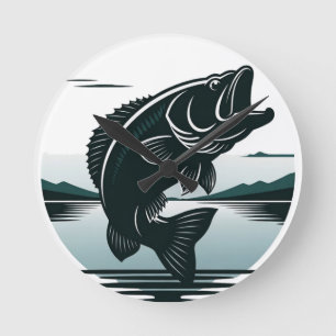 Horloge Ronde Pêche de l'Achigan à grande bouche minimaliste en