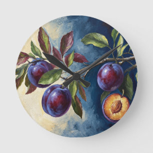 Horloge Ronde Peinture à l'huile de prunes violettes en contrast