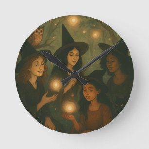 Horloge Ronde Peinture à l'huile d'Halloween de sorcières dans l