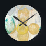 Horloge Ronde Peinture Abstraite moderne sur papier journal<br><div class="desc">Romance se pointe dans cette peinture de Jennifer Goldberger. Des cercles et des formes de football sont disposés sur un arrière - plan de journal, cachant la plupart des mots. Certains sont en pointe, en particulier l'amour. Une sélection avant-gardiste qui ferait un grand ajout à votre mur !</div>