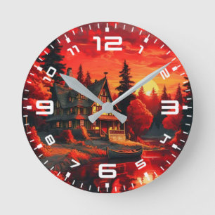Horloge Ronde Peinture coucher de soleil avec chalet et lac-6663