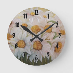 Horloge Ronde Peinture de marguerites blanches jardin
