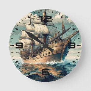 Horloge Ronde Peinture D'Un Navire Avec Les Voiles Vers Le Bas-5