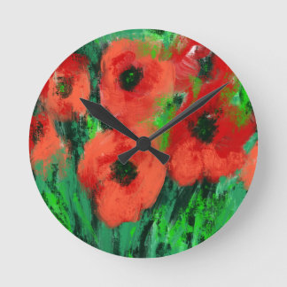 Horloge Ronde Peinture florale de coquelicots rouges abstraits