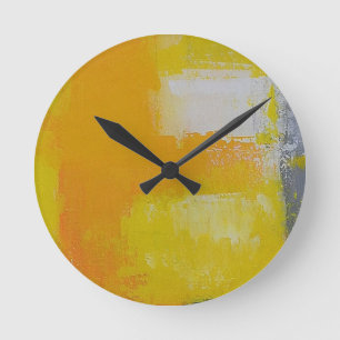 Horloge Ronde peinture gris jaune blanc abstrait