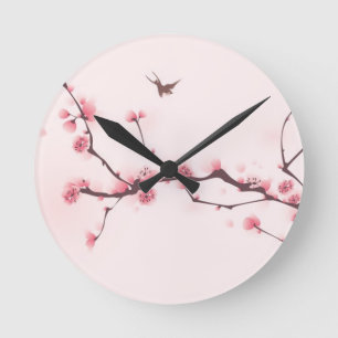 Horloge Ronde Peinture orientale de style, fleurs de cerisier