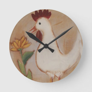 Horloge Ronde Peinture primitive de poulet et de fleurs