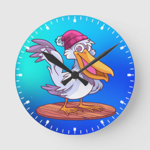 Horloge Ronde Pellican de Noël dessiné à la main dans un style c