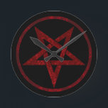 Horloge Ronde Pentagram Red Devil<br><div class="desc">Pentagramme rouge,  inversé,  texturé en cercle,  sur arrière - plan noir. Symbole occulte 666</div>
