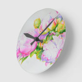 Horloge Ronde Peonis, rose, blanc, aquarelle florale (Angle)