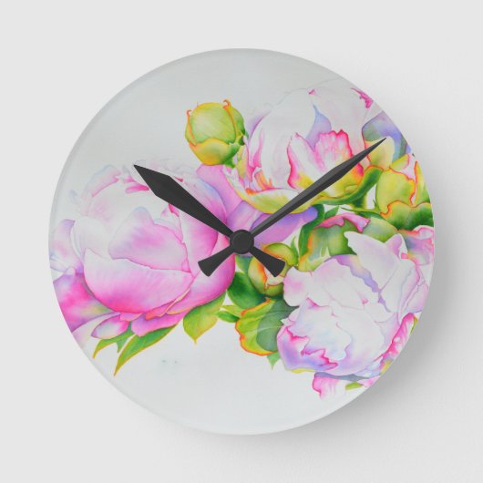 Horloge Ronde Peonis, rose, blanc, aquarelle florale (Recto)