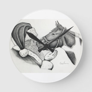 Horloge Ronde Père Noël de Noël et Cheval de Peinture