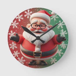 Horloge Ronde Père Noël joyeux entouré de flocons de neige